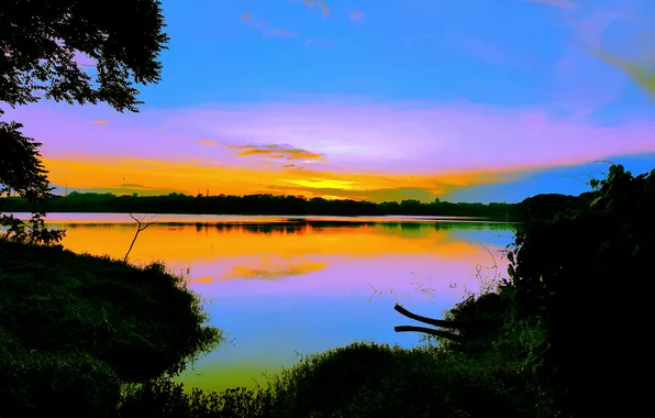 Картинка Sky, Sun, Water, Sunrise, Dawn, Morning, Lake, Trees
