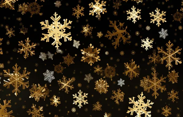 Снежинки, фон, золото, черный, Новый Год, Рождество, golden, happy