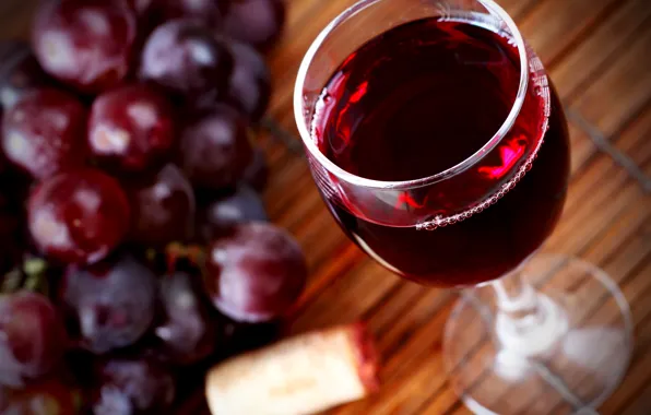Картинка вино, красное, бокал, виноград, пробка