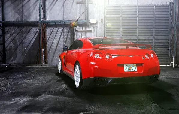 Картинка GTR, red, Nissan, wheels, rear, vossen