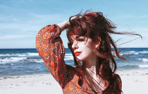 Girl, summer, beach, dress, redhead, wind