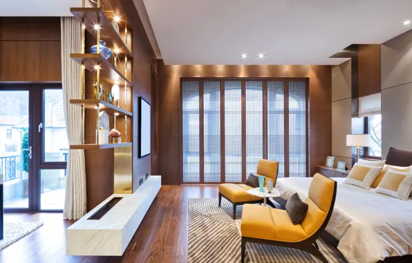 Комната, кровать, кресло, балкон, Design, спальня, Bed, Interior