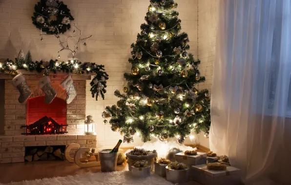 Картинка зима, обои, игрушки, елка, подарки, Новый год, камин, коробки