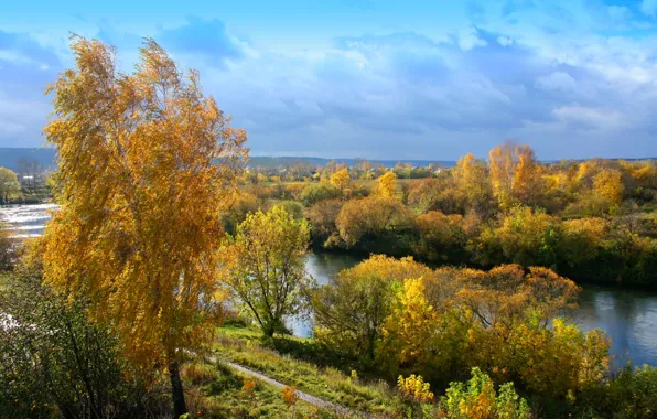 Небо, пейзаж, река, краски, даль, Осень