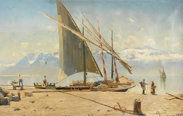 Женевское озеро, 1887, датский живописец, Петер Мёрк Мёнстед, Peder Mørk Mønsted, Danish realist painter, oil …