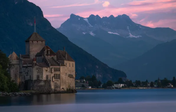 Горы, озеро, замок, Швейцария, Schloss Chillon, Veytaux, lake Geneva
