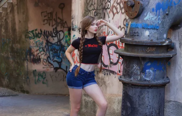 Картинка beautiful, twintails, model, women, brunette, braids, T-shirt, jean shorts