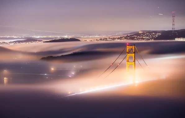 Ночь, город, огни, туман, Сан-Франциско, США, мост Золотые Ворота