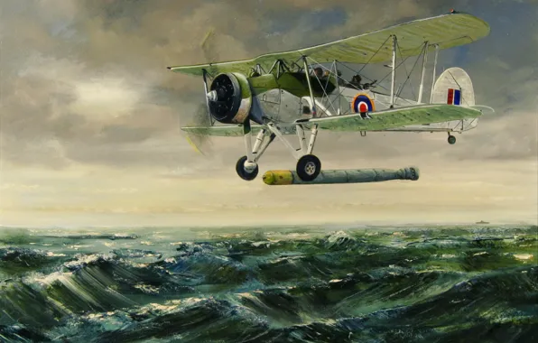 Картинка war, art, airplane, painting, aviation, ww2, Fairey Swordfish