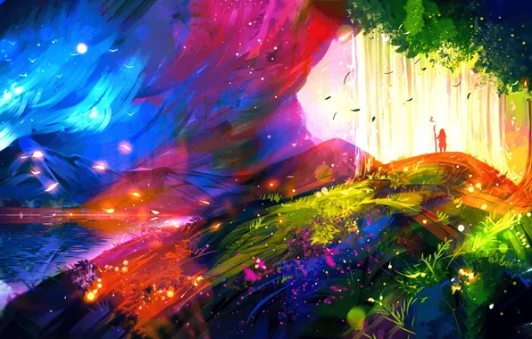 Картинка colors, colorful, Landscape, night, art, figure, mountain, lake