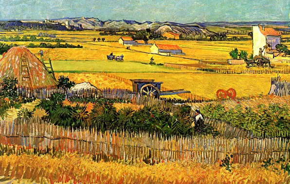 Картинка Винсент ван Гог, with Montmajour in the Background, Harvest at La Crau