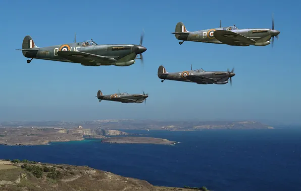 Картинка небо, рисунок, арт, истребители, WW2, британские, Supermarine Seafire, пролив Ла-Ма́нш