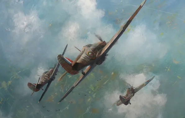Облака, Самолеты, Полет, Картина, Британия, Арт, Hawker Hurricane, Английский художник