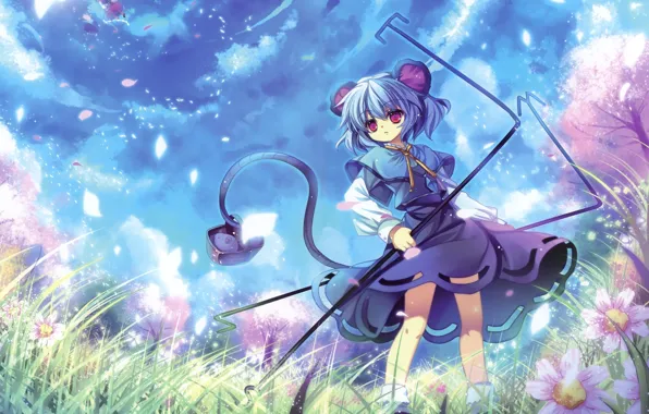 Цветы, девушки, сакура, мышка, день, хвост, уши, touhou