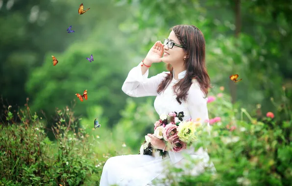 Девушка, бабочки, настроение, азиатка