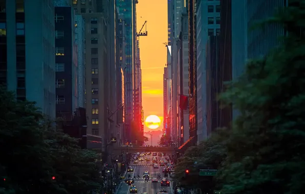 Картинка солнце, закат, город, улица, дома, вечер, США, Нью Йорк
