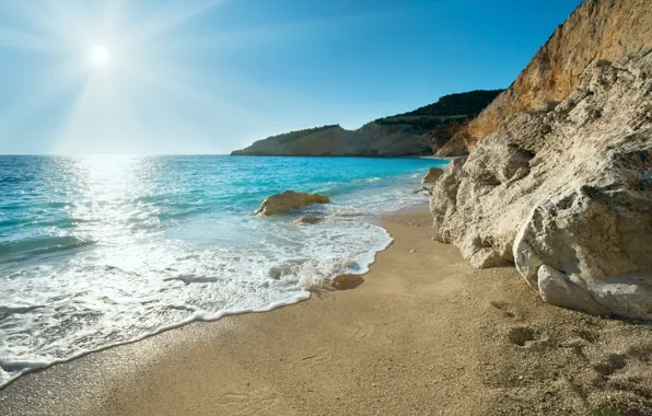 Картинка песок, море, солнце, природа, скалы, побережье, Греция, Greece
