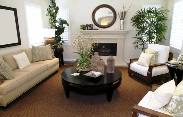 Дизайн, стиль, стол, комната, диван, черный, интерьер, растения