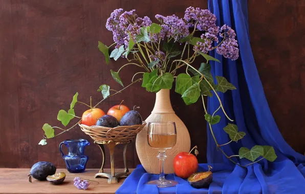Картинка ваза, цветы, натюрморт, фрукты, кувшие, сливы