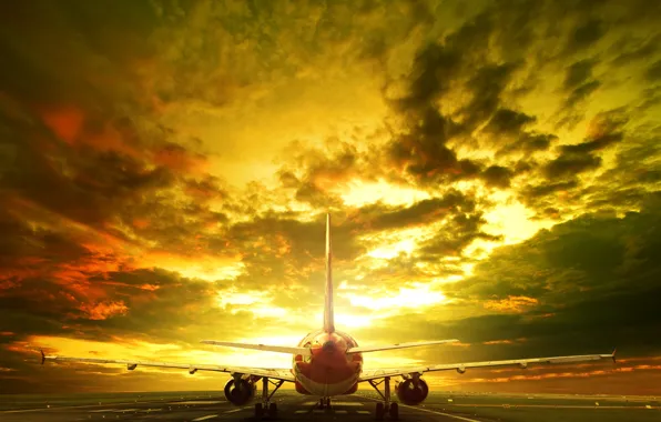 Картинка небо, облака, пейзаж, самолет, вечер, зарево, взлетная полоса, пассажирский