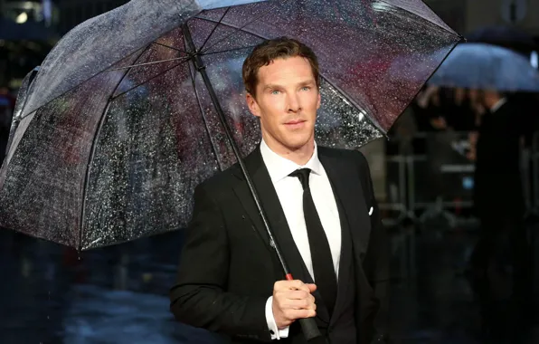Дождь, зонт, мужчина, Бенедикт Камбербэтч, Benedict Cumberbatch, британский актер