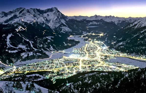 Картинка зима, горы, огни, Германия, долина, Бавария, Гармиш-Партенкирхен
