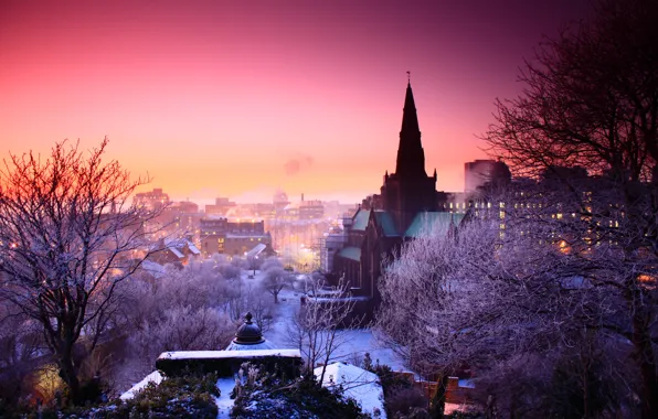 Картинка зима, закат, город