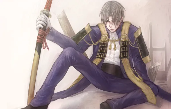 Меч, катана, парень, сидит, Touken Ranbu, Танец Мечей, Heshikiri Hasebe