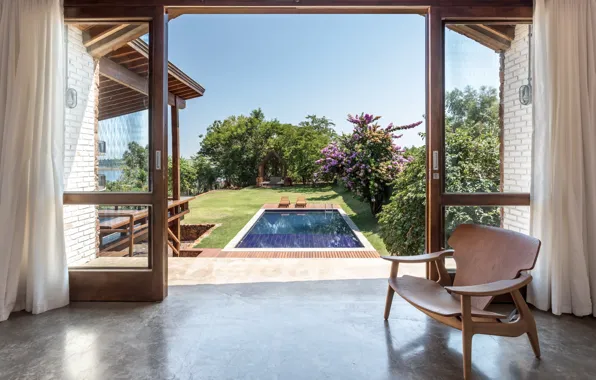 Комната, интерьер, кресло, Бразилия, Brazil, Lake House, Дом у озера, вид на бассейн и сад