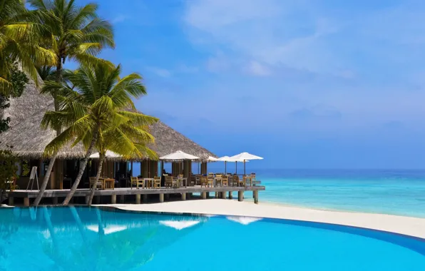 Океан, бассейн, ресторан, Мальдивы, курорт, бунгало, Maldives, luxurious summer resort