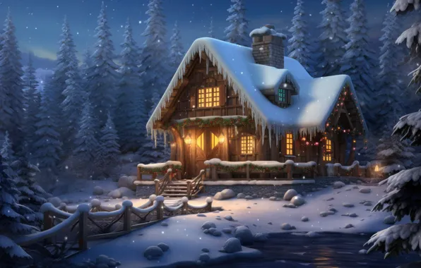 Картинка зима, снег, ночь, lights, Новый Год, мороз, Рождество, домик