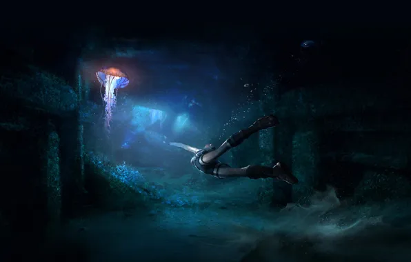 Картинка ноги, медуза, под водой