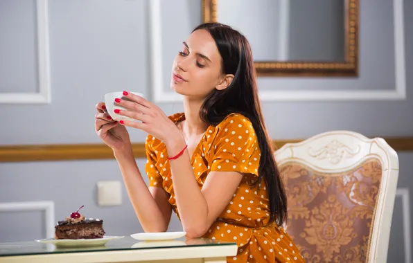 Model, Coffee, Dita V, In Thought, At The Table, Chocolate Cake