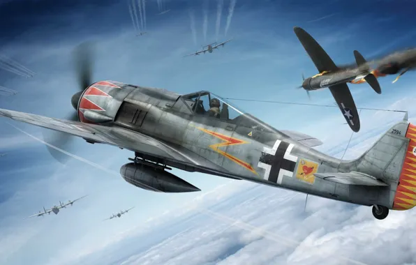 Картинка fighter, war, art, painting, ww2, Focke Wulf Fw-190A-5/A-6