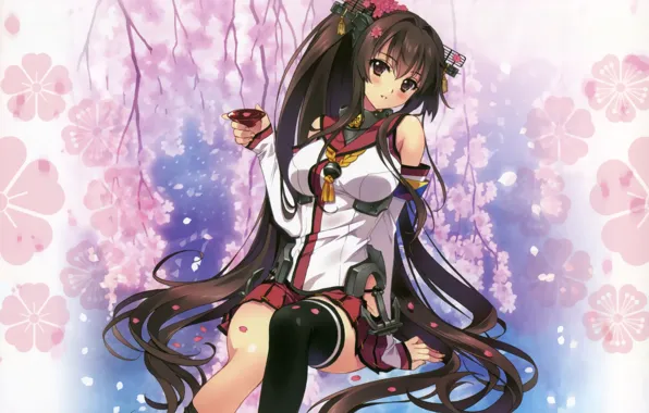 Сакура, чашка, длинные волосы, art, якорь, Yamato, лепестики, Kantai Collection