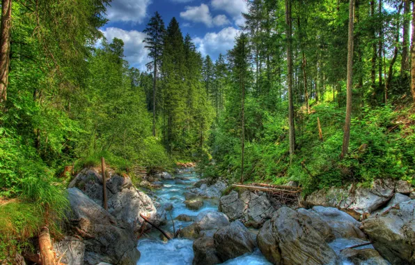 Картинка лес, пейзаж, природа, река, камни, фото, HDR, Германия