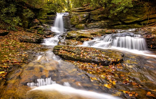 Картинка осень, листья, водопад, каскад, Georgia, Джорджия, Chattahoochee-Oconee National Forest, Национальный лес Чаттахучи-Окони