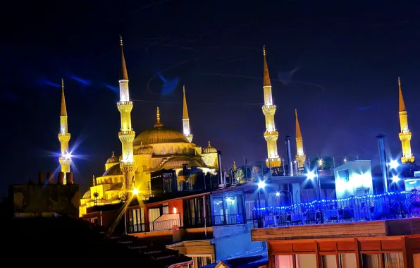 Ночь, мечеть, Стамбул, Турция, night, Istanbul, Mosque, Султанахмет