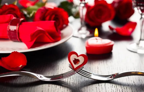 Романтика, сердце, розы, heart, romantic, Valentine's Day, roses, сервировка