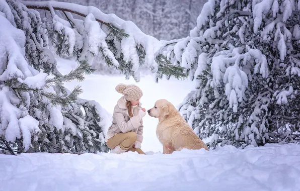 Картинка зима, девушка, снег, деревья, природа, собака, ели, пёс