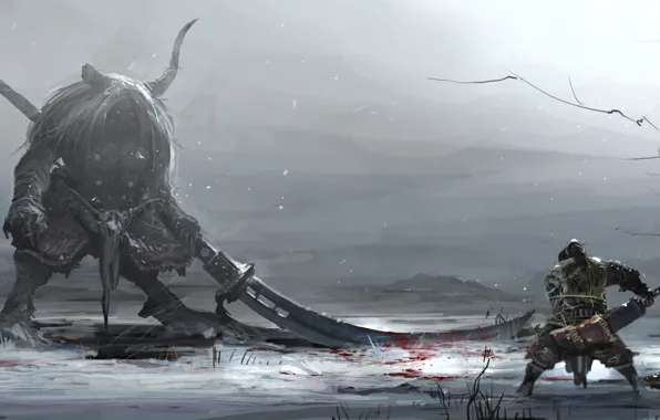Картинка зима, снег, оружие, кровь, монстр, воин, арт, рога