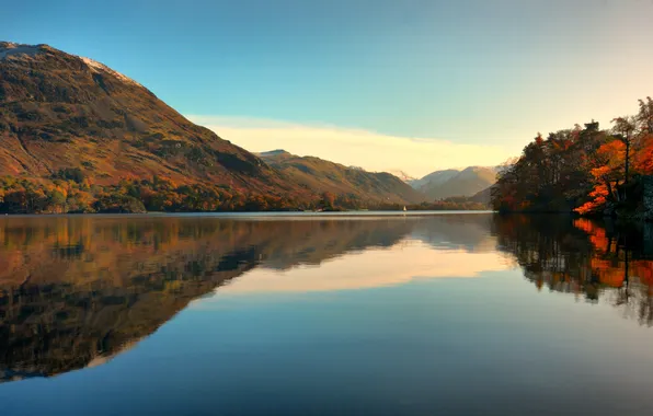 Картинка осень, деревья, озеро, холмы, берег