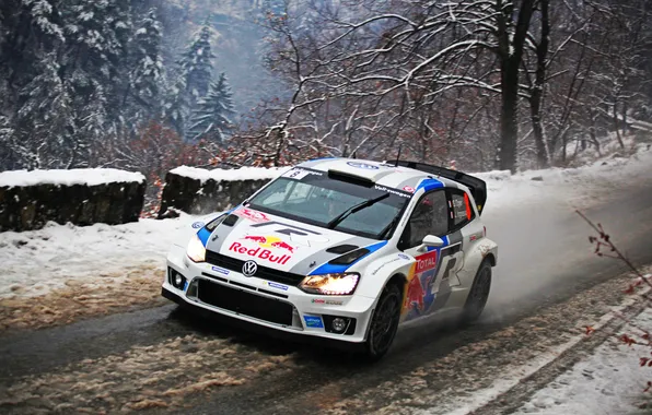 Дорога, Зима, Авто, Снег, Volkswagen, Фары, WRC, Rally