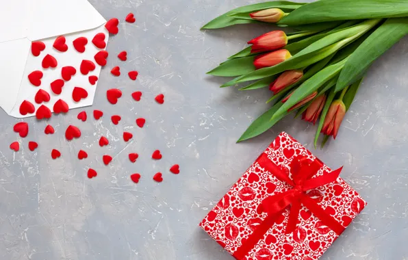 Любовь, подарки, сердечки, тюльпаны, red, love, romantic, hearts