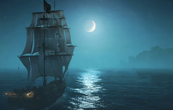 Картинка море, небо, деревья, огни, туман, луна, корабль, парусник