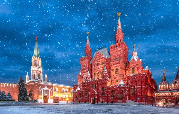Картинка снег, здание, башня, площадь, Москва, Россия, Красная площадь, архитектура