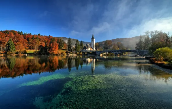 Картинка осень, деревья, пейзаж, мост, природа, озеро, церковь, Словения