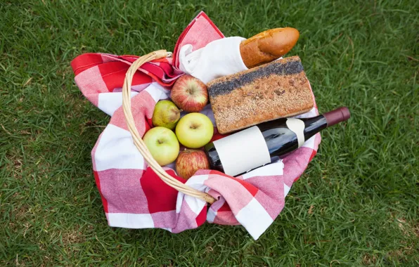 Картинка трава, вино, корзина, яблоки, бутылка, хлеб, груша, фрукты
