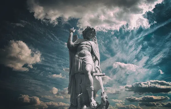 Небо, обои, дракон, меч, wallpaper, статуя, sword, sky