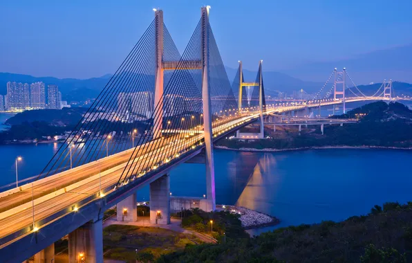 Огни, Гонконг, вечер, сумерки, мост Tsing Ma